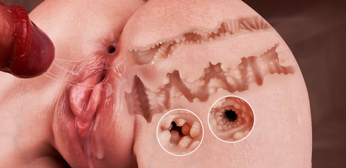 Ultra-realistic double-layered silicone butt masturbator, featuring two tight channels (vaginal and anal), with a realistic vagina