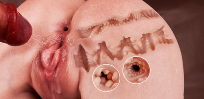 Ultra-realistic double-layered silicone butt masturbator, featuring two tight channels (vaginal and anal), with a realistic vagina